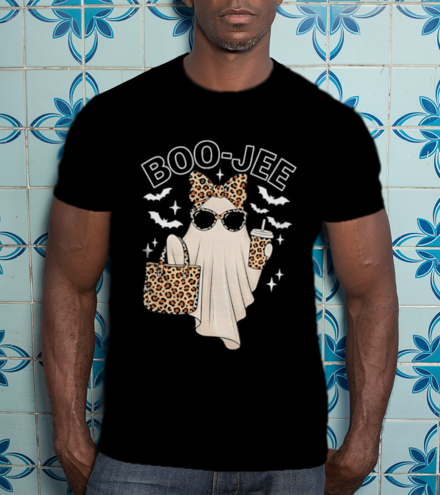 Boo Jee Stylish Ghost With Leopard Print Accessories And Bats T-Shirt
