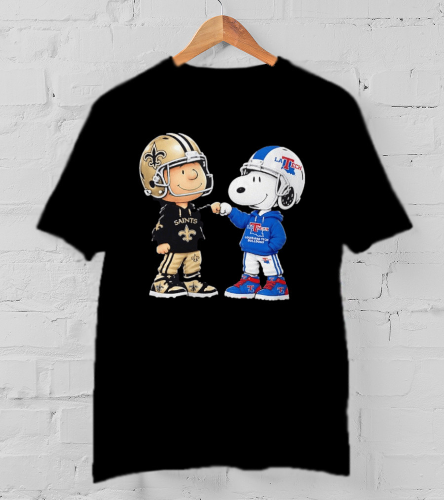 Charlie Brown Saints And Snoopy Louisiana Tech Bulldogs Team Helmet Fist Bump T-Shirt