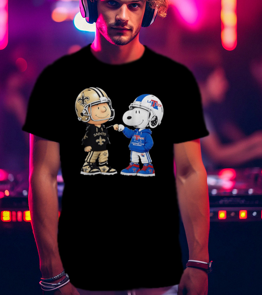 Charlie Brown Saints And Snoopy Louisiana Tech Bulldogs Team Helmet Fist Bump T-Shirt