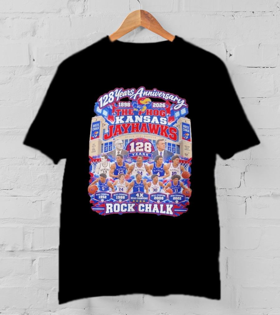 Kansas Jayhawks 128 Years Anniversary 1898 2026 The Phog NCAA Champions Rock Chalk T-Shirt