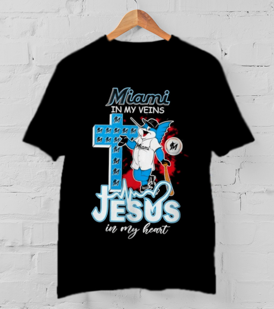 Miami Marlins In My Veins Jesus In My Heart Cross Baseball T-Shirt