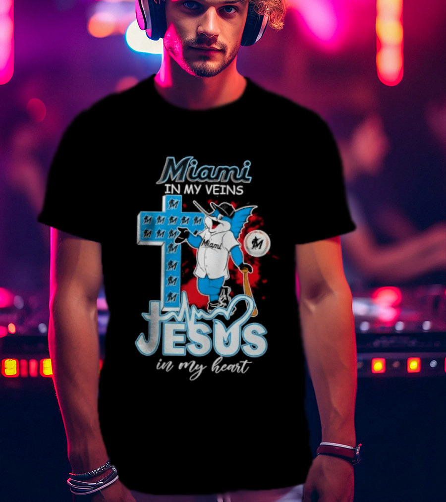 Miami Marlins In My Veins Jesus In My Heart Cross Baseball T-Shirt