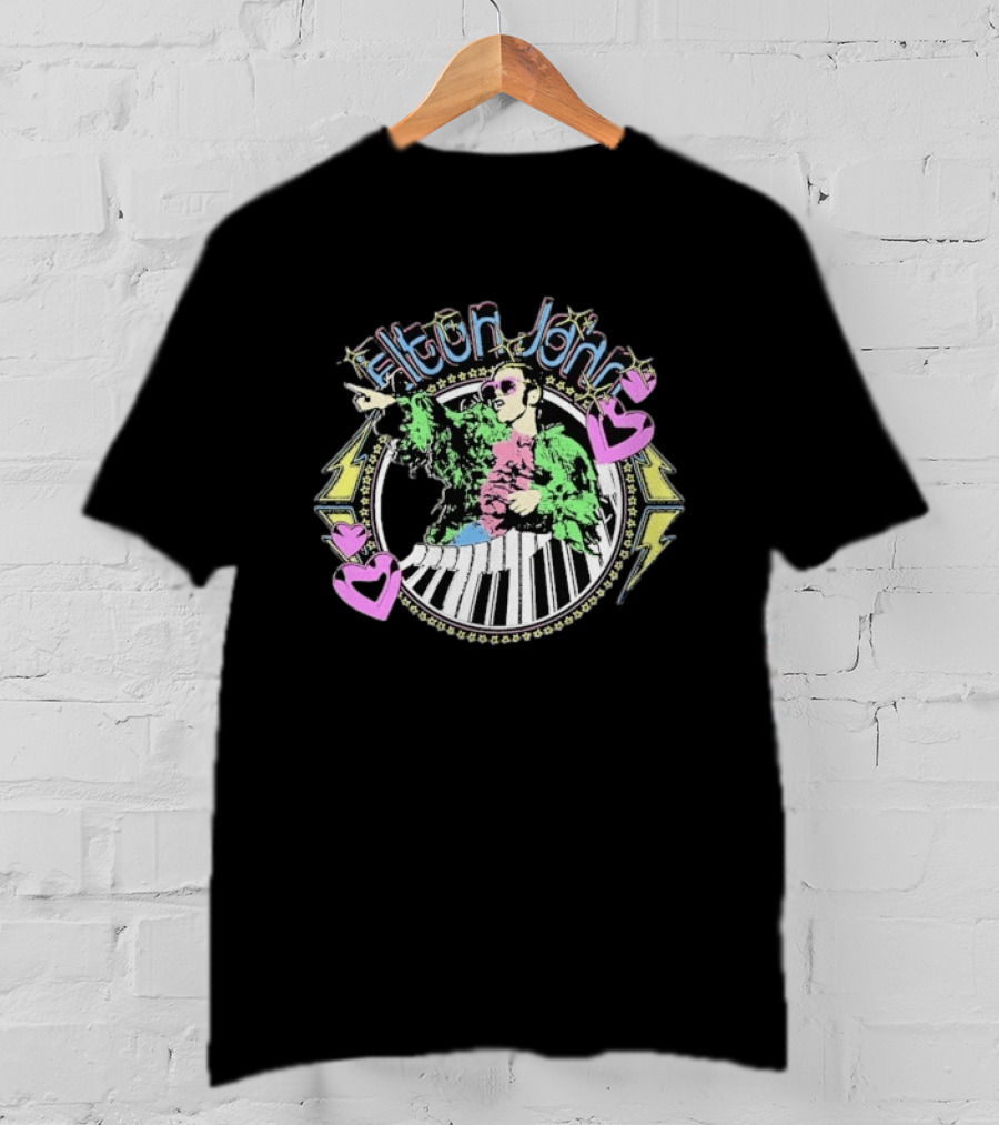 Elton John Distressed Colorful Piano And Hearts T-Shirt