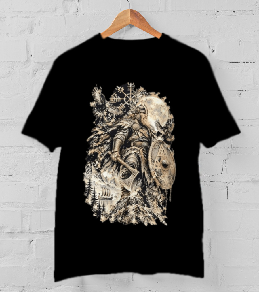 Norse God Viking Warrior Axe Valknut Symbol Raven Longship T-Shirt