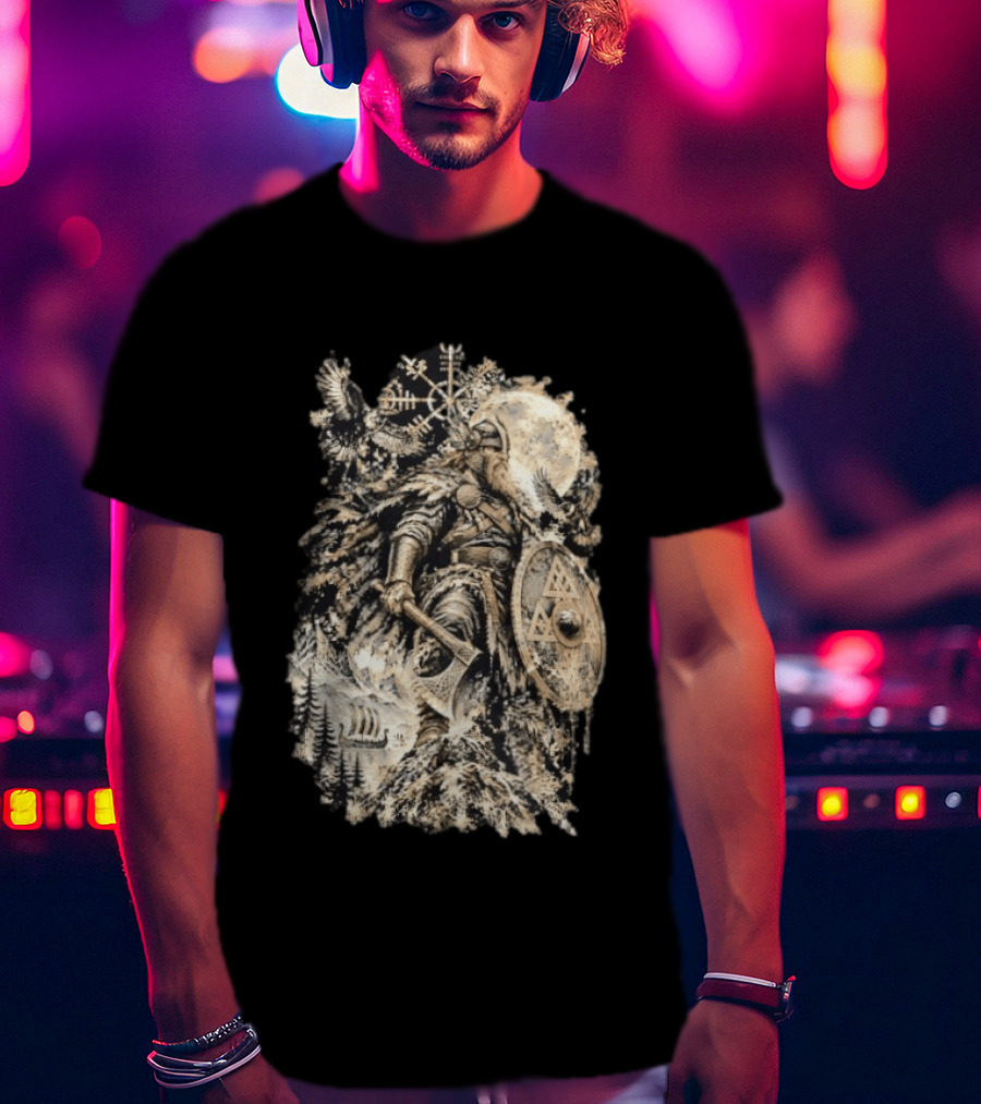 Norse God Viking Warrior Axe Valknut Symbol Raven Longship T-Shirt