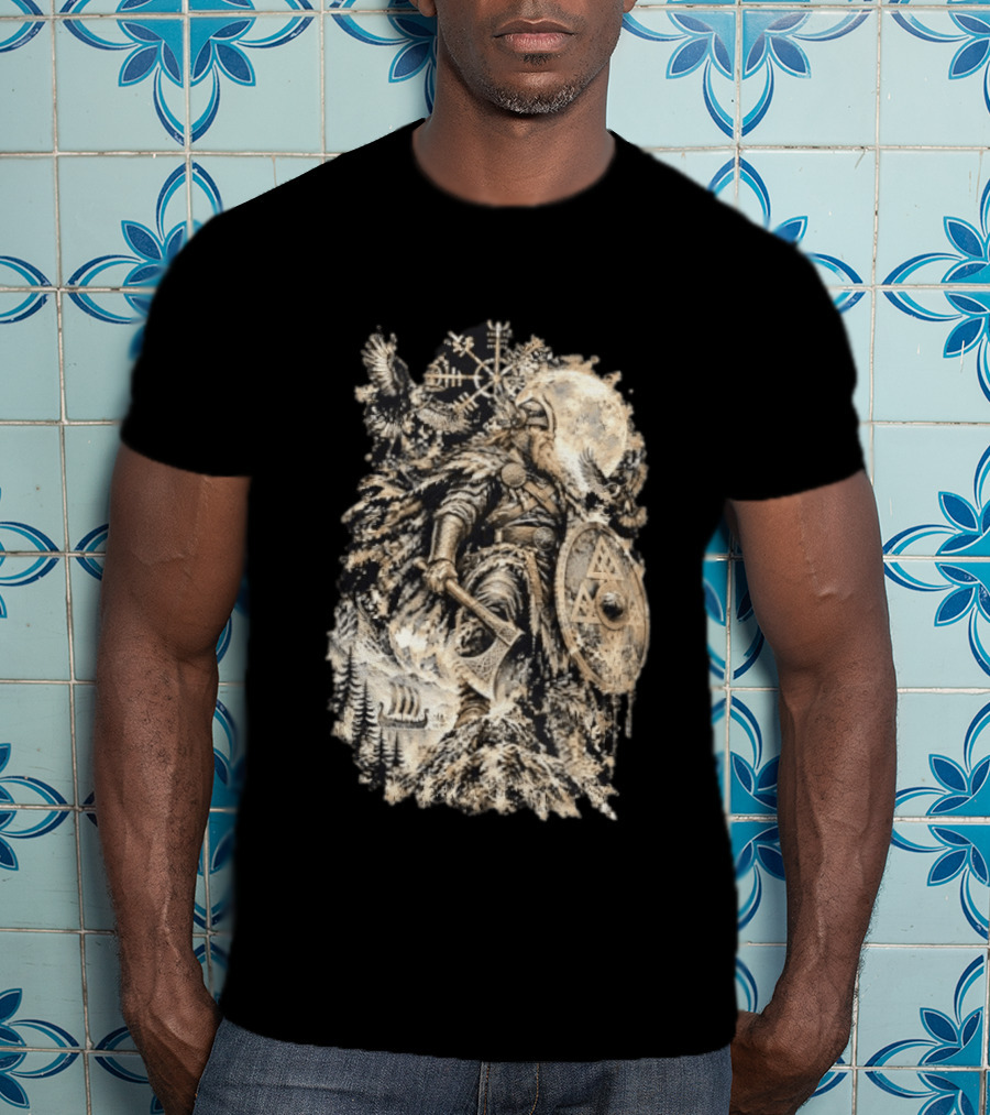 Norse God Viking Warrior Axe Valknut Symbol Raven Longship T-Shirt