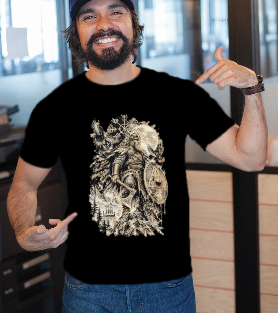 Norse God Viking Warrior Axe Valknut Symbol Raven Longship T-Shirt