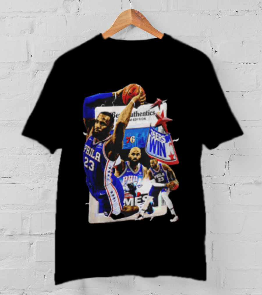 Philadelphia 76ers Lebron James Dunking Collage 76ers Win Edition T-Shirt