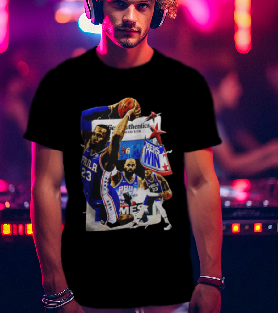 Philadelphia 76ers Lebron James Dunking Collage 76ers Win Edition T-Shirt