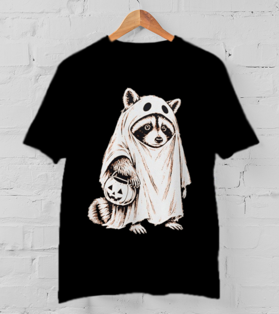 Raccoon Ghost Holding Pumpkin Bucket Halloween 2026 T-Shirt