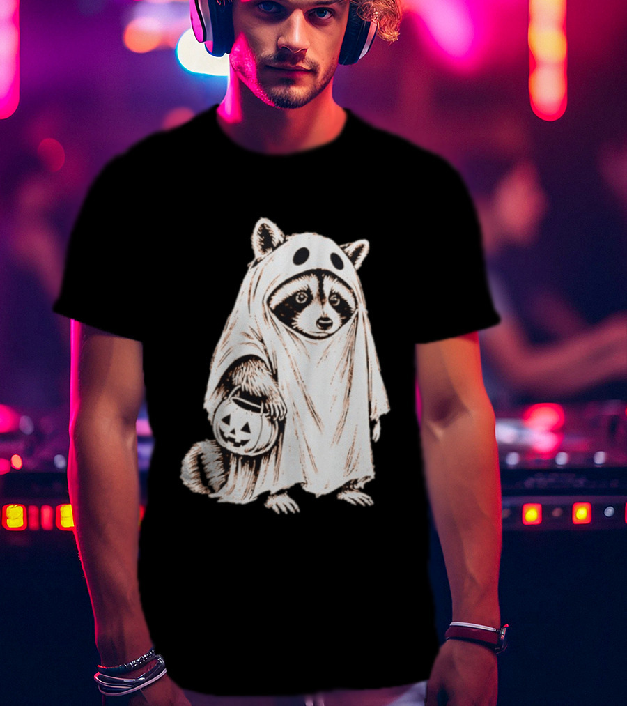 Raccoon Ghost Holding Pumpkin Bucket Halloween 2026 T-Shirt