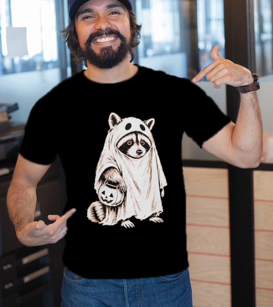 Raccoon Ghost Holding Pumpkin Bucket Halloween 2026 T-Shirt