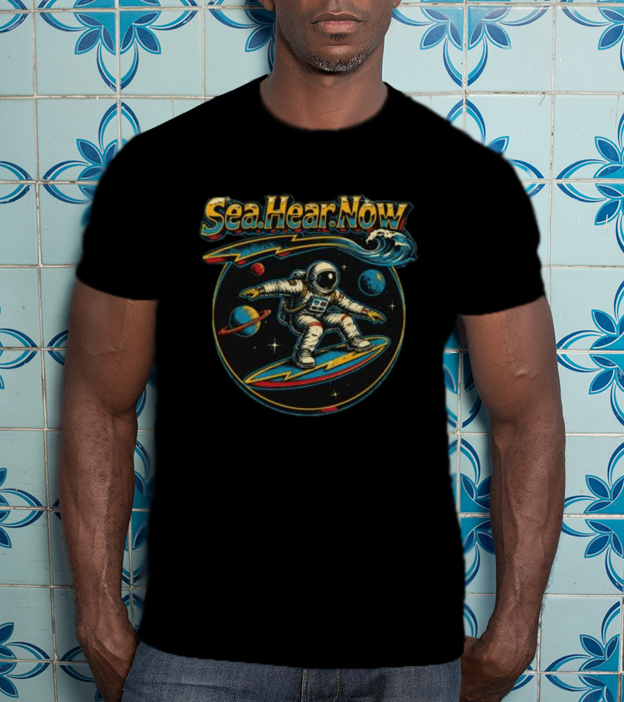 Sea Hear Now Astronaut Surfing Planets Lineup T-Shirt