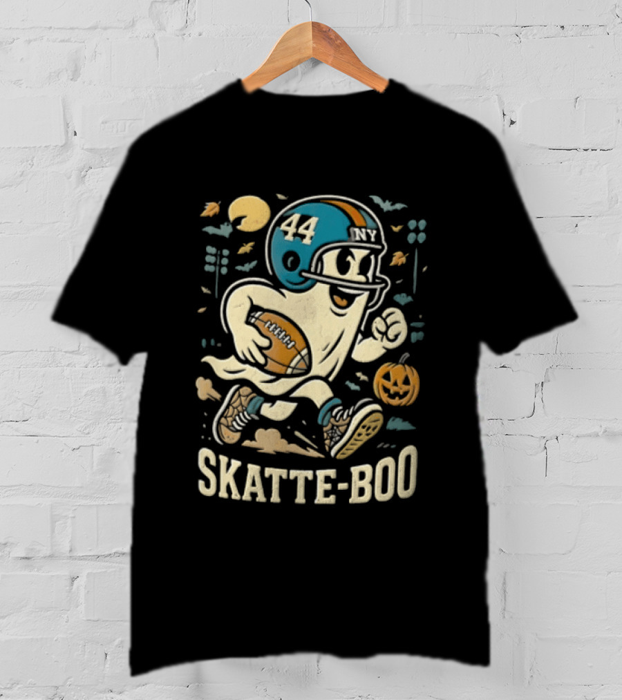 SKATTE BOO Football Helmet 44 Halloween Ghost Pumpkin T-Shirt