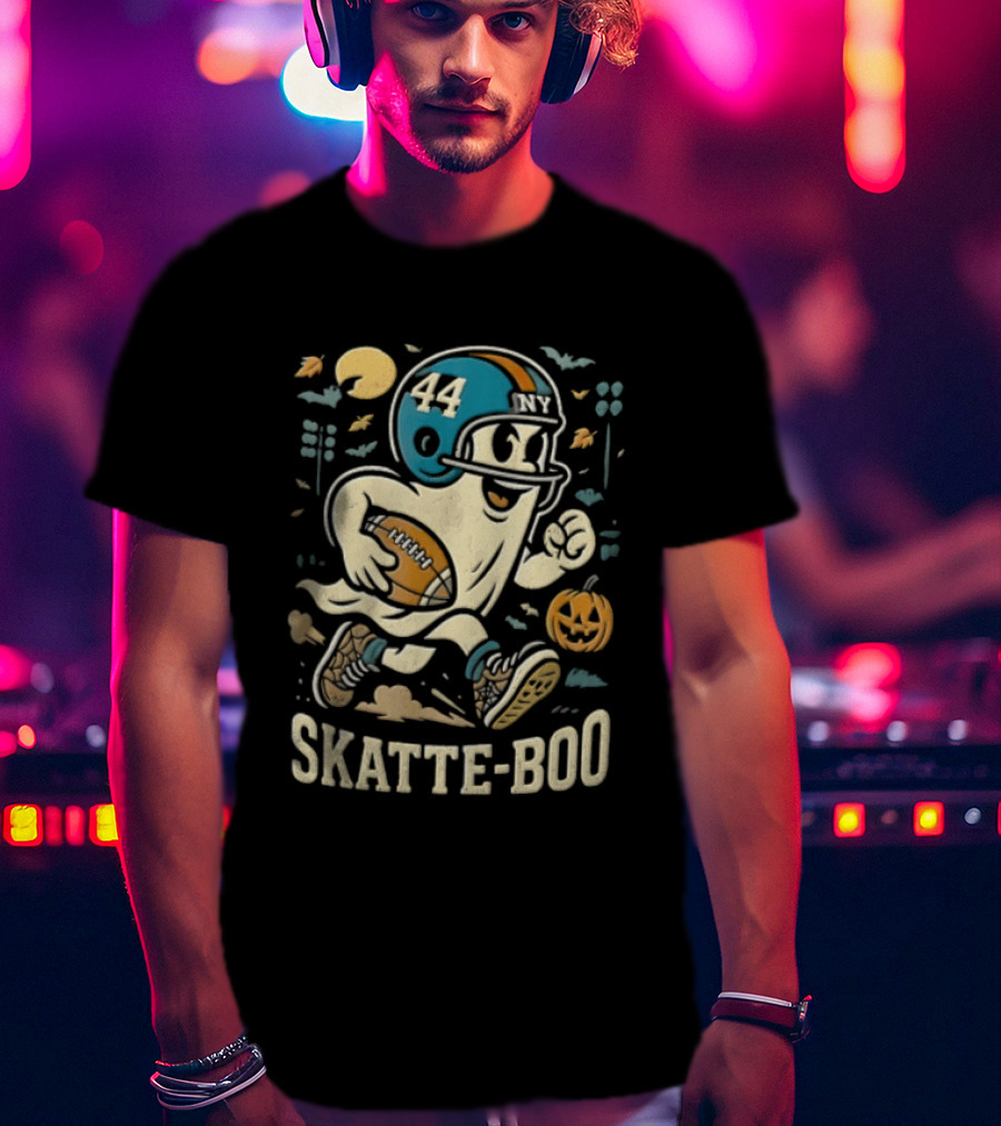 SKATTE BOO Football Helmet 44 Halloween Ghost Pumpkin T-Shirt