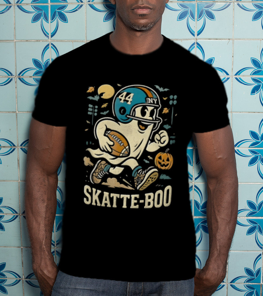 SKATTE BOO Football Helmet 44 Halloween Ghost Pumpkin T-Shirt