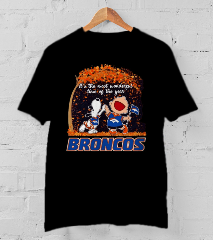 Snoopy And Charlie Brown Celebrating Denver Broncos It's The Most Wonderful Time Of The Year T-Shirt