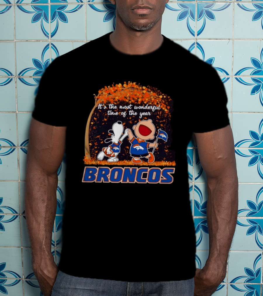 Snoopy And Charlie Brown Celebrating Denver Broncos It's The Most Wonderful Time Of The Year T-Shirt