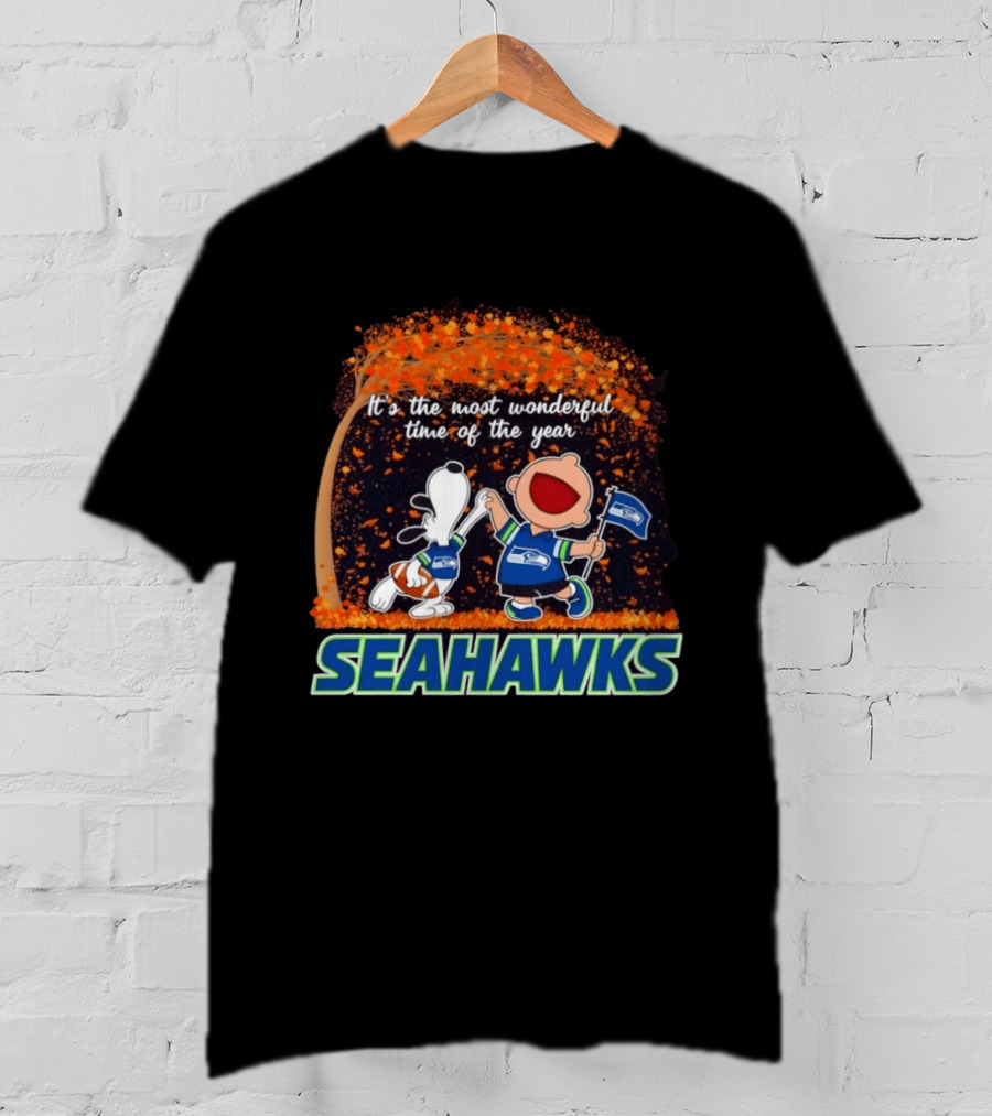 Snoopy And Charlie Brown Dancing Seattle Seahawks The Most Wonderful Time Of The Year T-Shirt