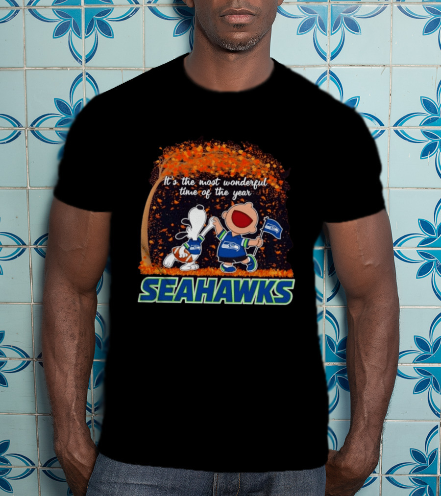 Snoopy And Charlie Brown Dancing Seattle Seahawks The Most Wonderful Time Of The Year T-Shirt