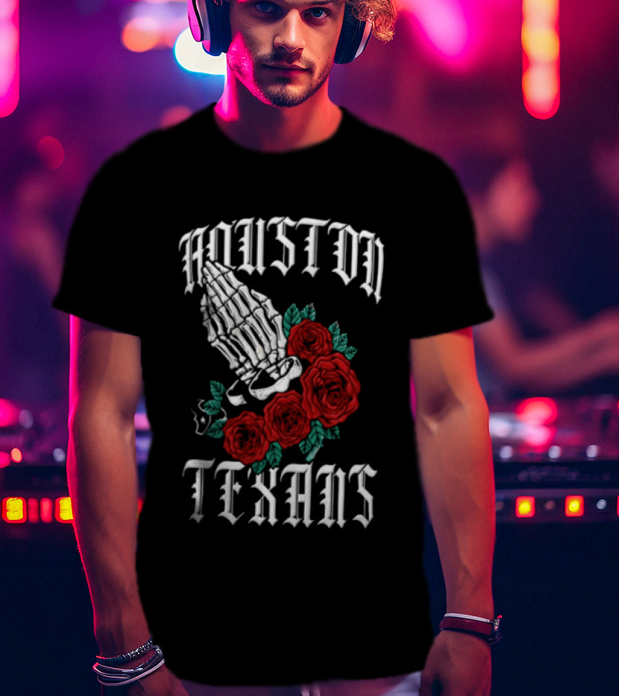 Houston Texans Praying Hands Red Roses Dia De Los Muertos T-Shirt