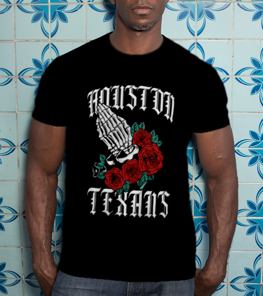 Houston Texans Praying Hands Red Roses Dia De Los Muertos T-Shirt