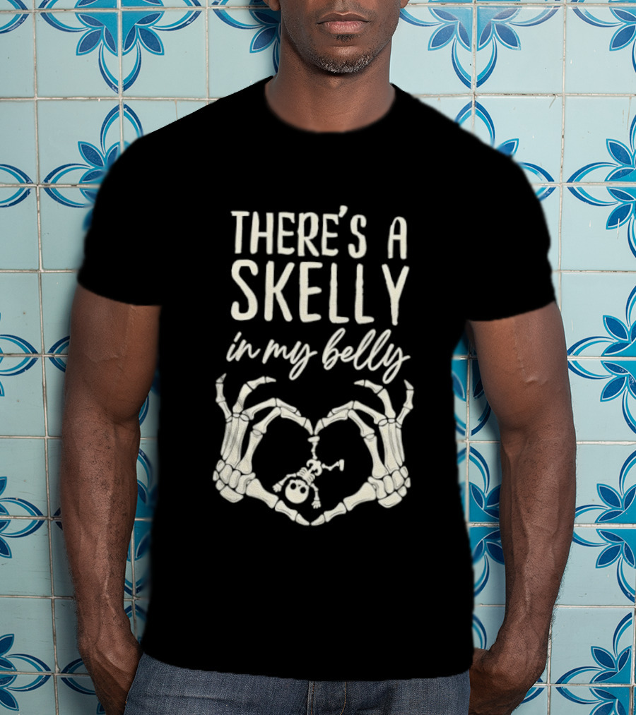 There's A Skelly In My Belly Skeleton Heart Hands Halloween Maternity T-Shirt