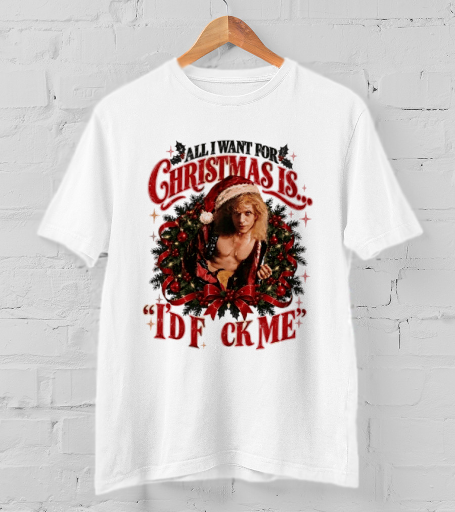 All I Want For Christmas Is I'd Fck Me Santa Hat Wreath Bow T-Shirt