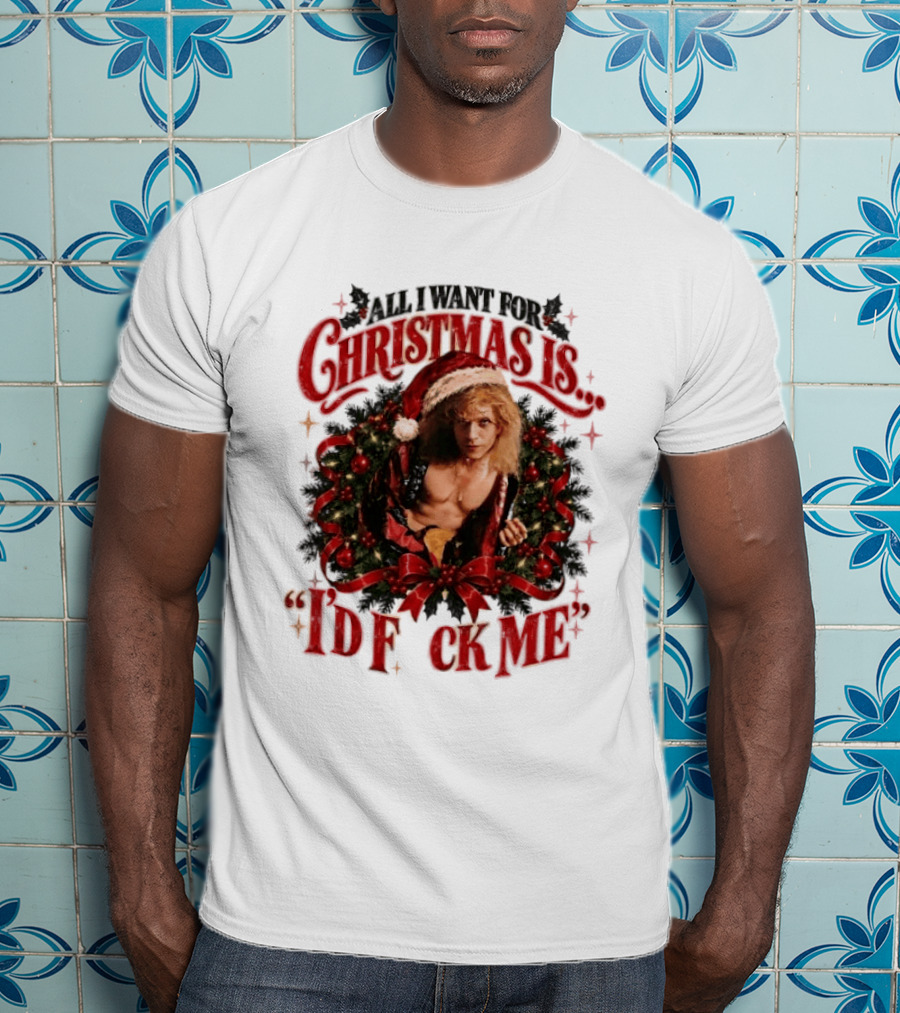 All I Want For Christmas Is I'd Fck Me Santa Hat Wreath Bow T-Shirt