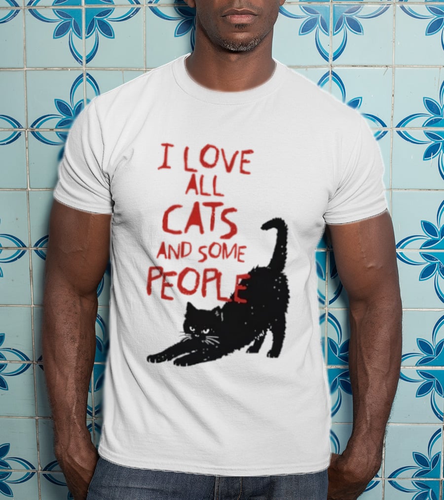 I Love All Cats And Some People Funny Cat Lovers Stretching Black Cat T-Shirt