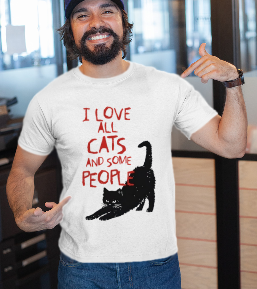 I Love All Cats And Some People Funny Cat Lovers Stretching Black Cat T-Shirt