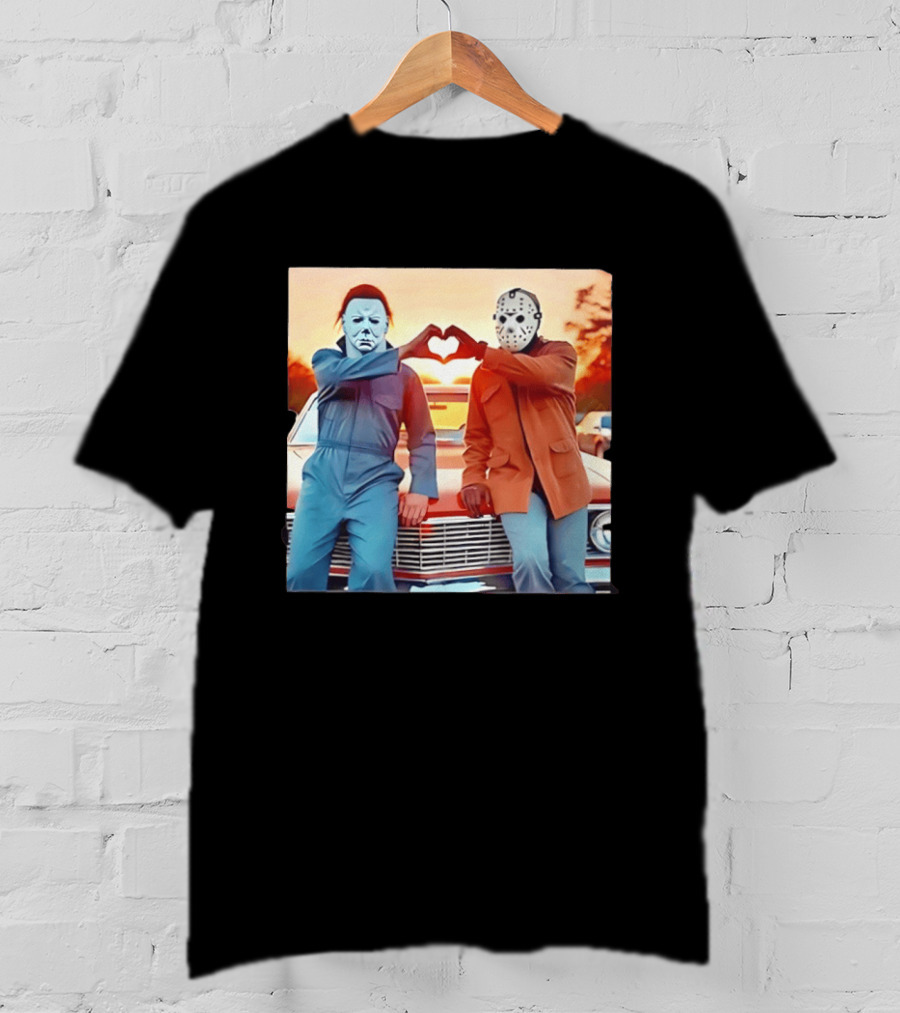 Jason Voorhees Michael Myers Heart Sign Halloween Retro Car Sunset T-Shirt