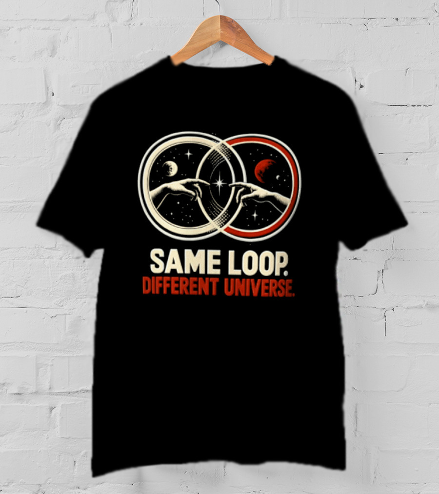 Same Loop Different Universe Intersecting Circles Two Hands Touching Lunar And Starry Night T-Shirt