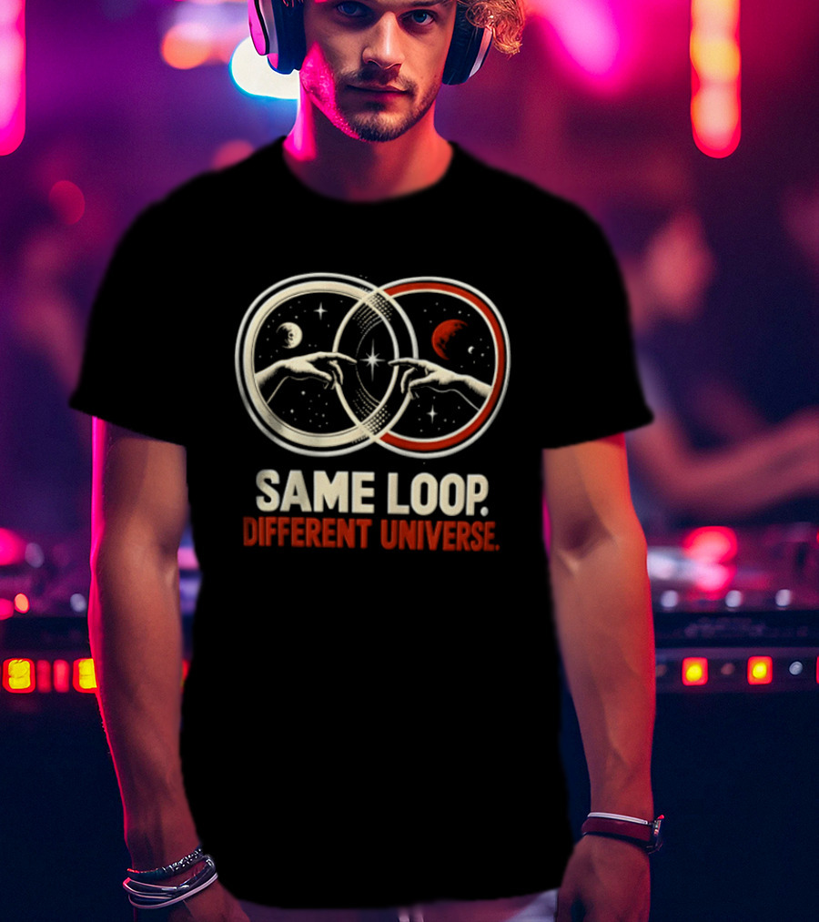 Same Loop Different Universe Intersecting Circles Two Hands Touching Lunar And Starry Night T-Shirt
