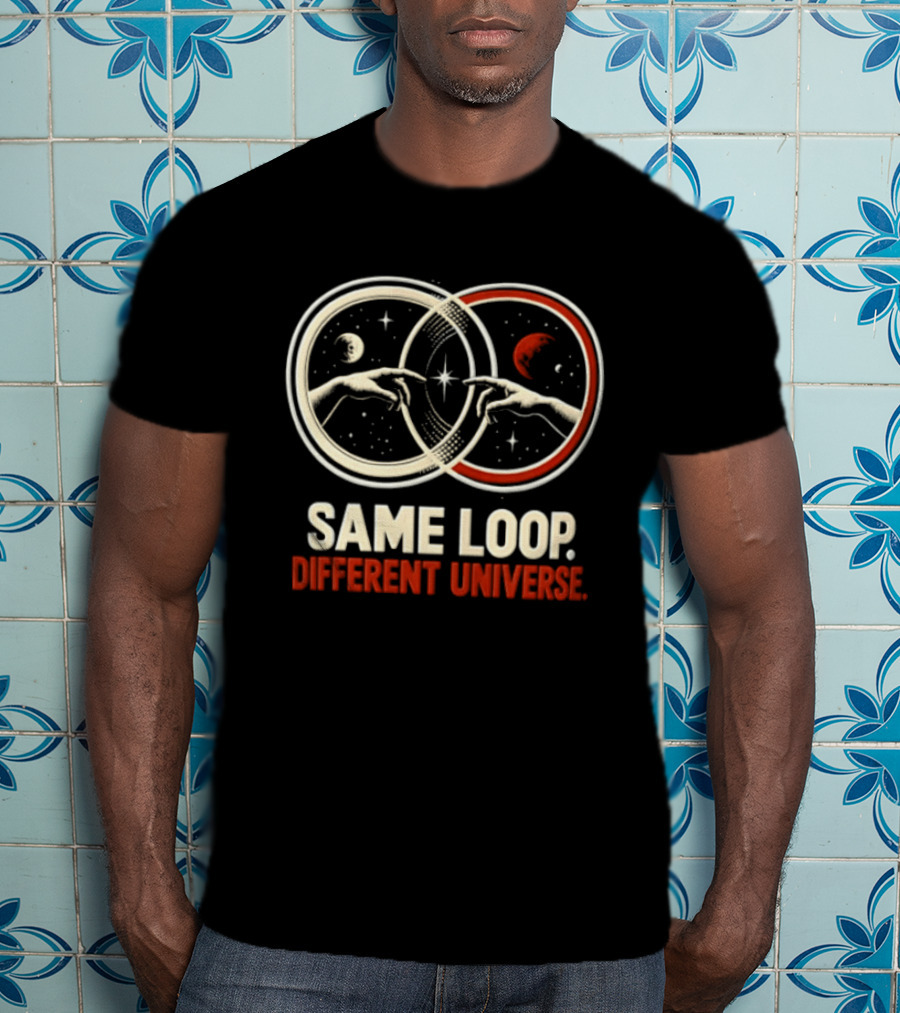 Same Loop Different Universe Intersecting Circles Two Hands Touching Lunar And Starry Night T-Shirt
