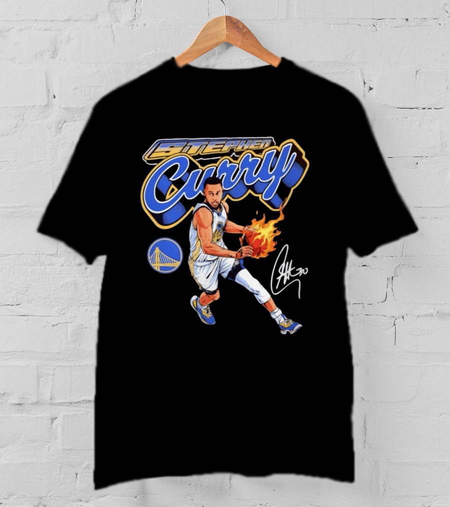 Stephen Curry Golden State Warriors Basketball Player With Flame Ball And Signature T-Shirt