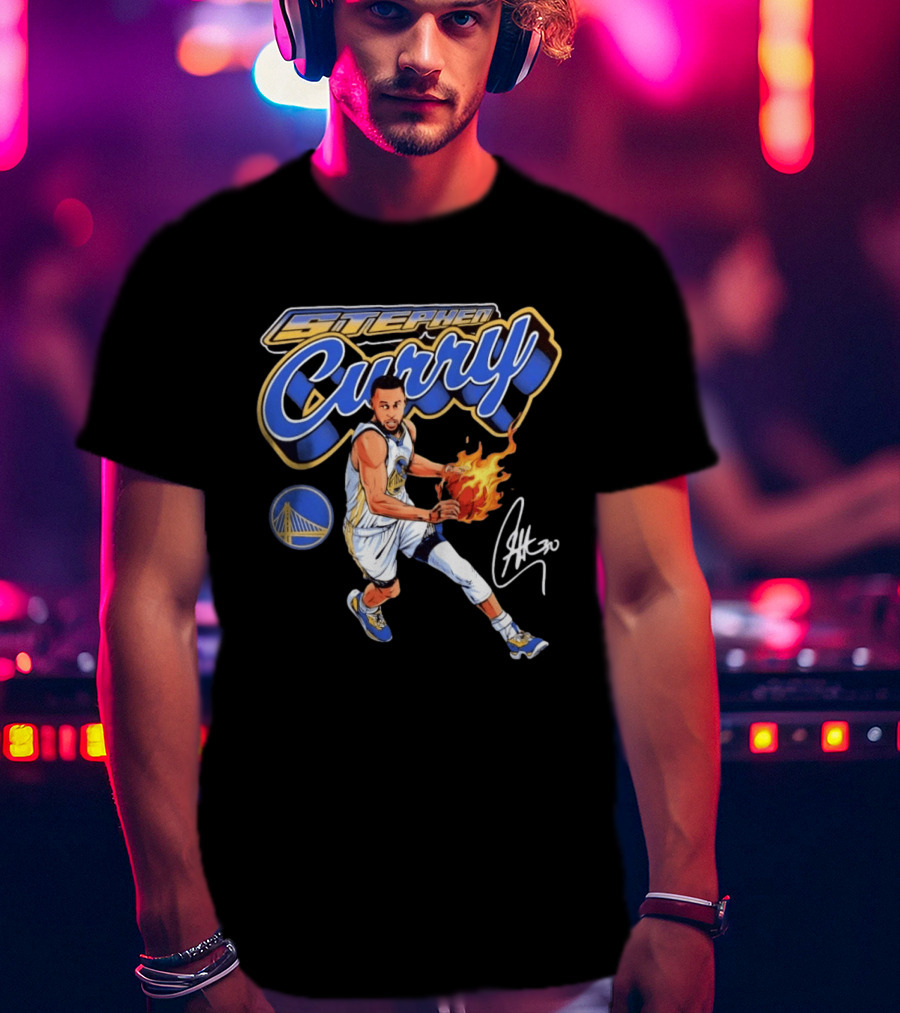 Stephen Curry Golden State Warriors Basketball Player With Flame Ball And Signature T-Shirt
