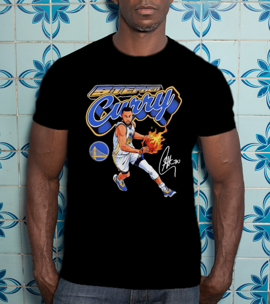 Stephen Curry Golden State Warriors Basketball Player With Flame Ball And Signature T-Shirt