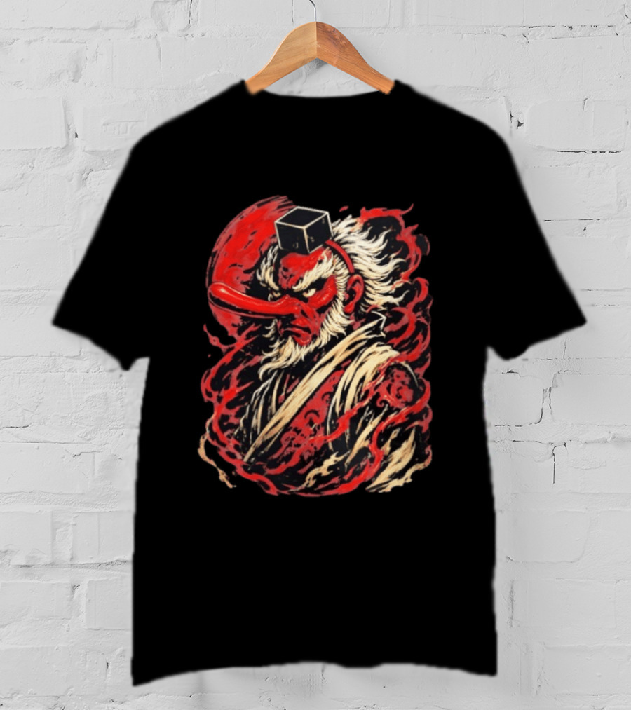 Tengu Japanese Warrior Spirit Mask Mythical Yokai Flame Aura T-Shirt