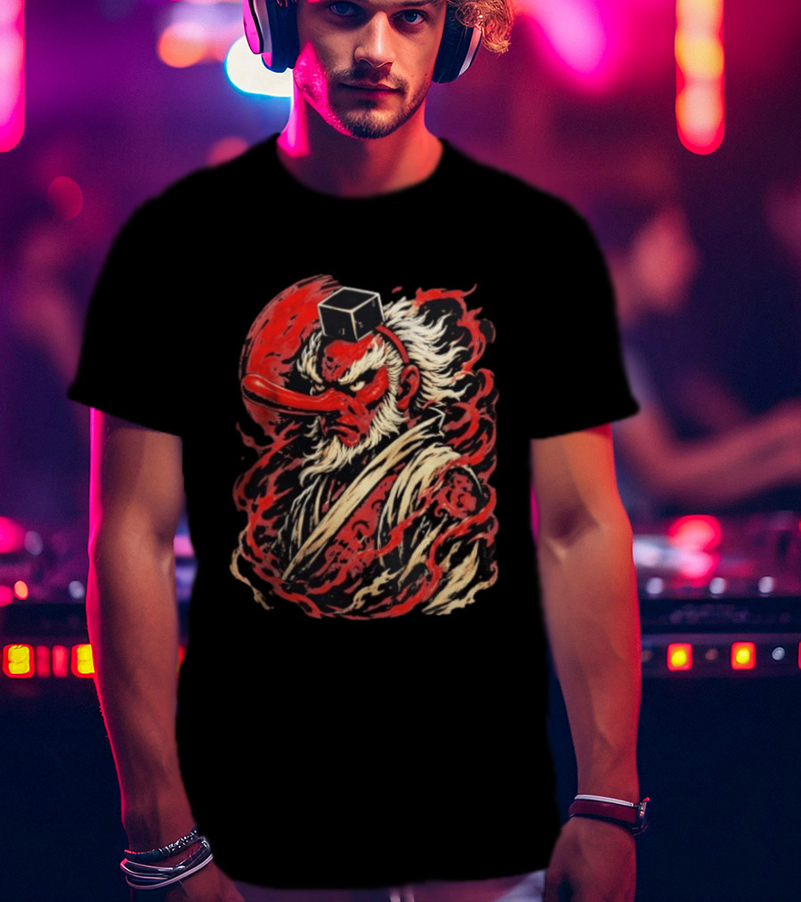 Tengu Japanese Warrior Spirit Mask Mythical Yokai Flame Aura T-Shirt