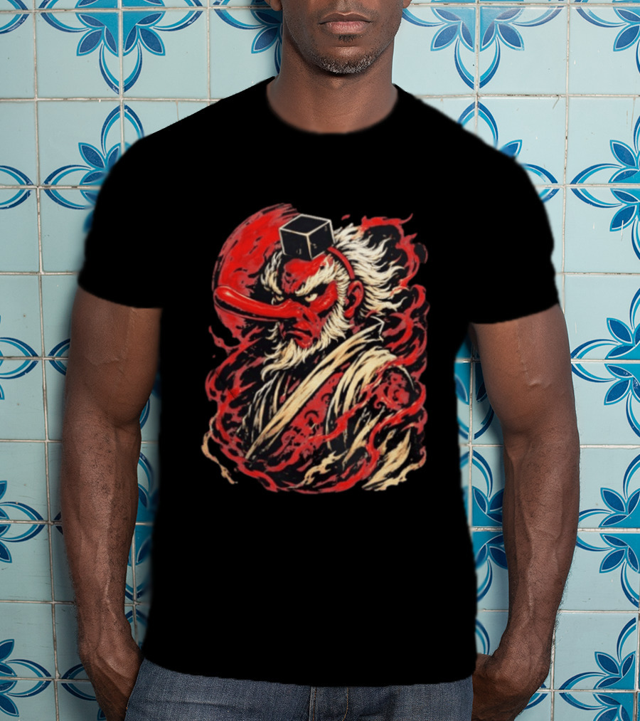 Tengu Japanese Warrior Spirit Mask Mythical Yokai Flame Aura T-Shirt