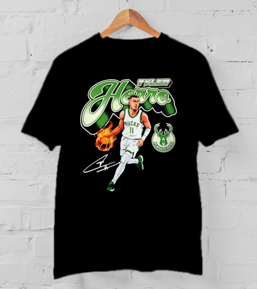 Tyler Herro Milwaukee Bucks Basketball Fireball Cursive Script T-Shirt