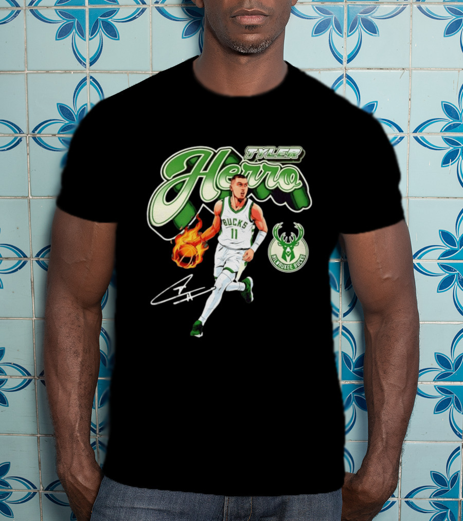 Tyler Herro Milwaukee Bucks Basketball Fireball Cursive Script T-Shirt