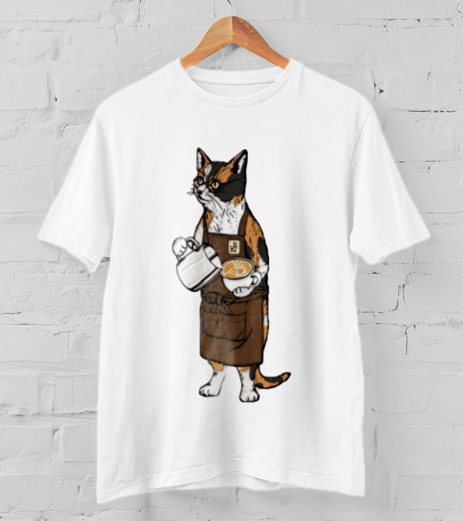 Cat Wearing Glasses And Apron Pouring Latte Art Coffee T-Shirt