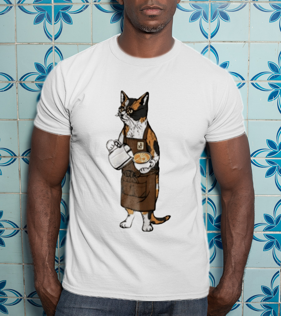 Cat Wearing Glasses And Apron Pouring Latte Art Coffee T-Shirt