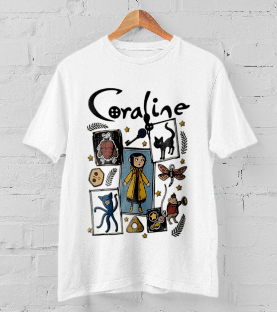 Coraline In Yellow Raincoat With Black Cat And Stars With Button Eyes T-Shirt
