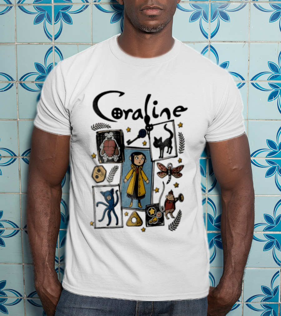 Coraline In Yellow Raincoat With Black Cat And Stars With Button Eyes T-Shirt