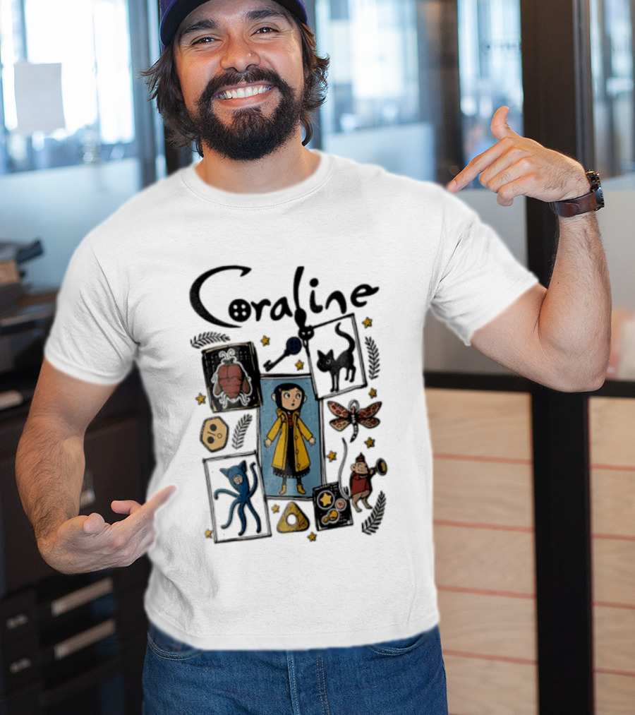 Coraline In Yellow Raincoat With Black Cat And Stars With Button Eyes T-Shirt