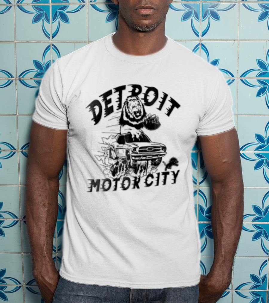Detroit Lions Motor City Lion Holding Football Driving Car T-Shirt