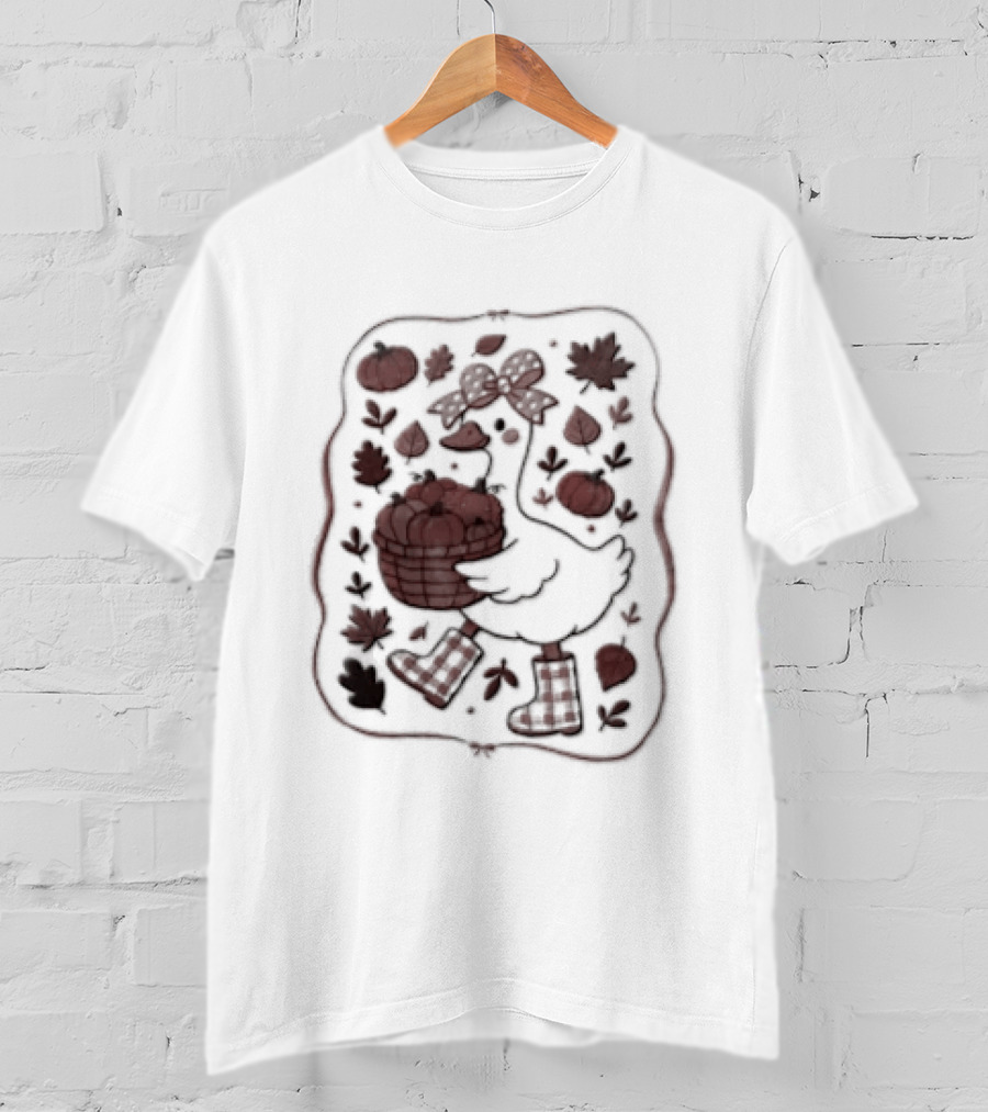 Goose Bow Rain Boots Basket Pumpkins Autumn Leaves T-Shirt